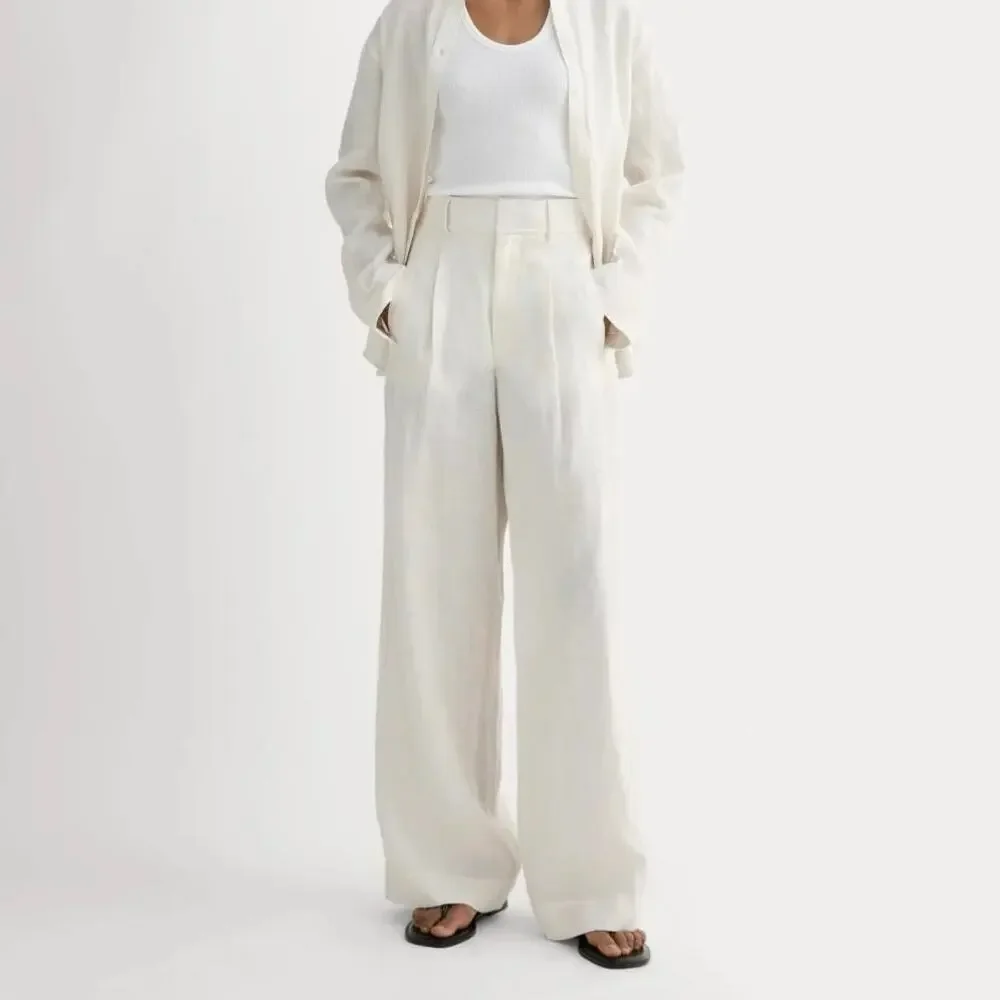 NWT Everlane The Linen Way-High Wide-Leg Drape Pant In Natural Birch Size 10
